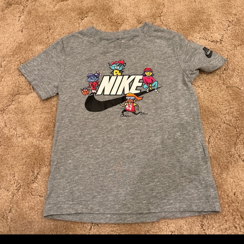 Nike Grey Kids Graphic Logo Tee with Colorful Characters